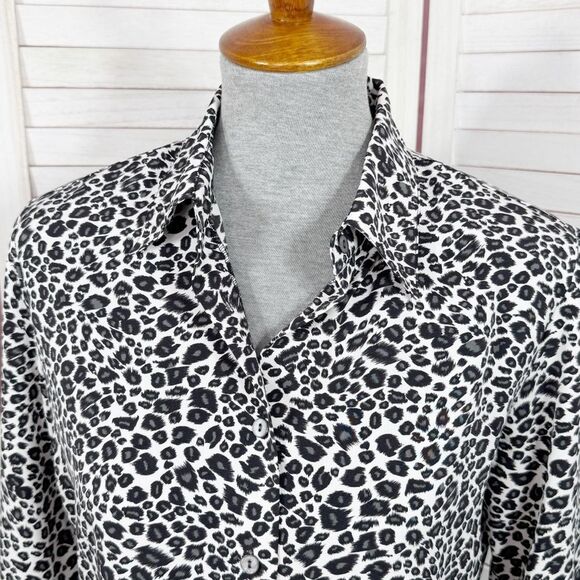 Notations Leopard Print Button Up Blouse White Black Small Long Sleeve Collared - Picture 5 of 11